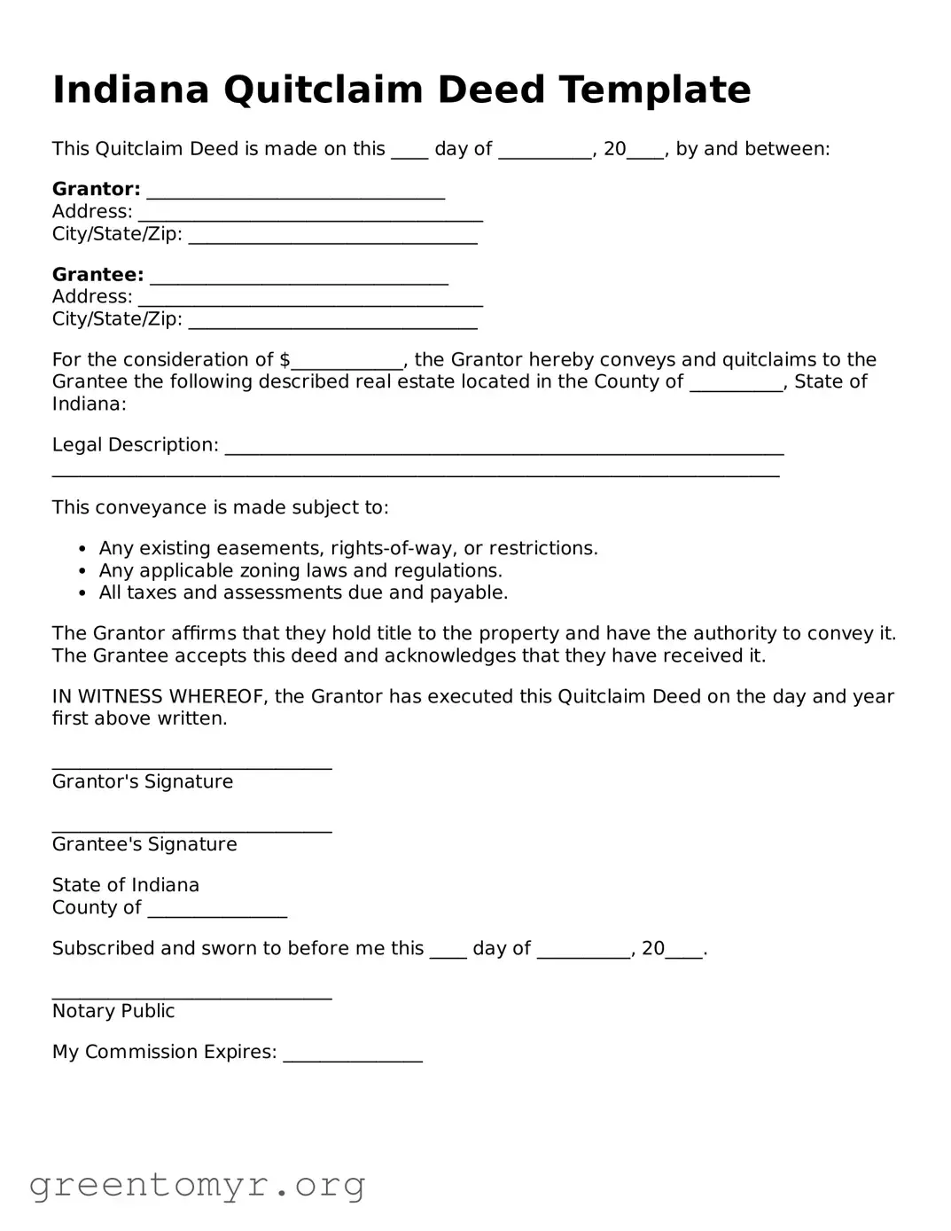 Quitclaim Deed Form for the State of Indiana