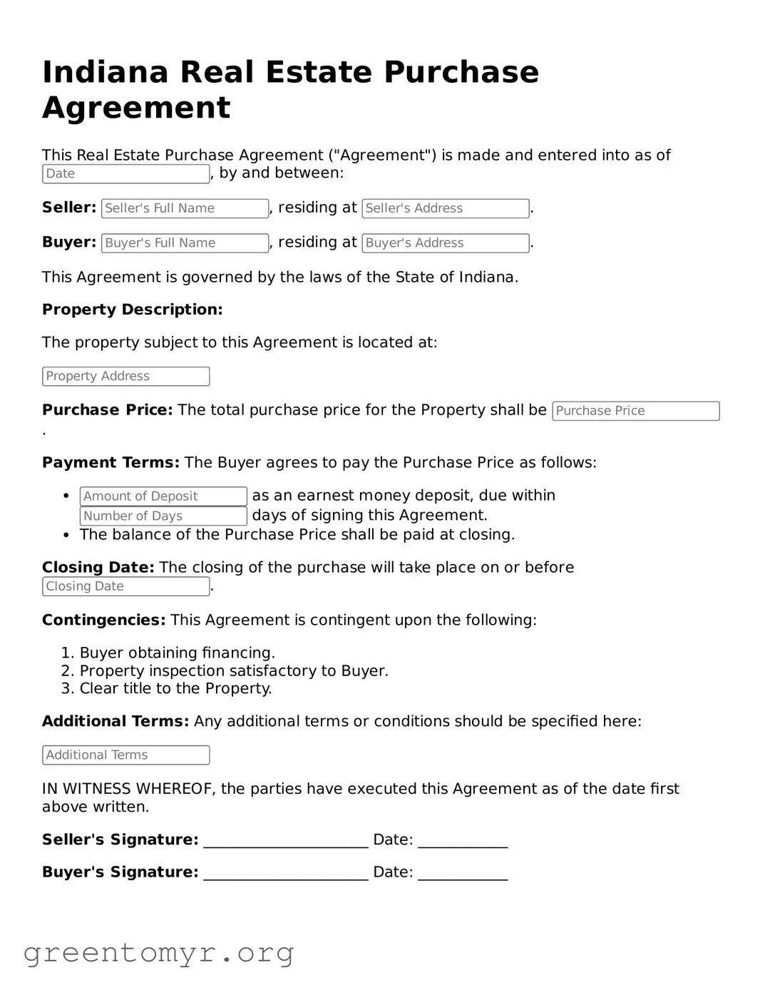 Real Estate Purchase Agreement Form for the State of Indiana