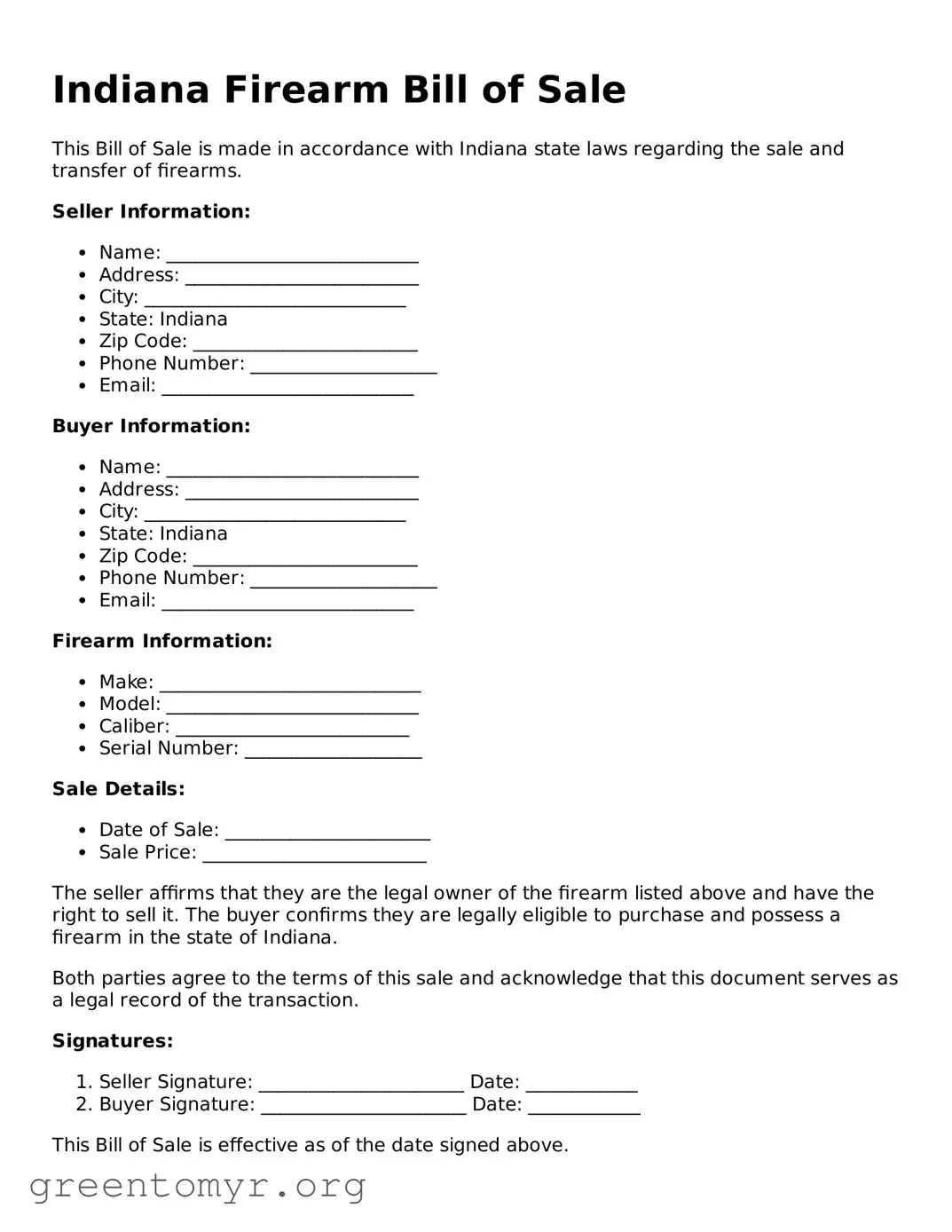 Firearm Bill of Sale Form for the State of Indiana