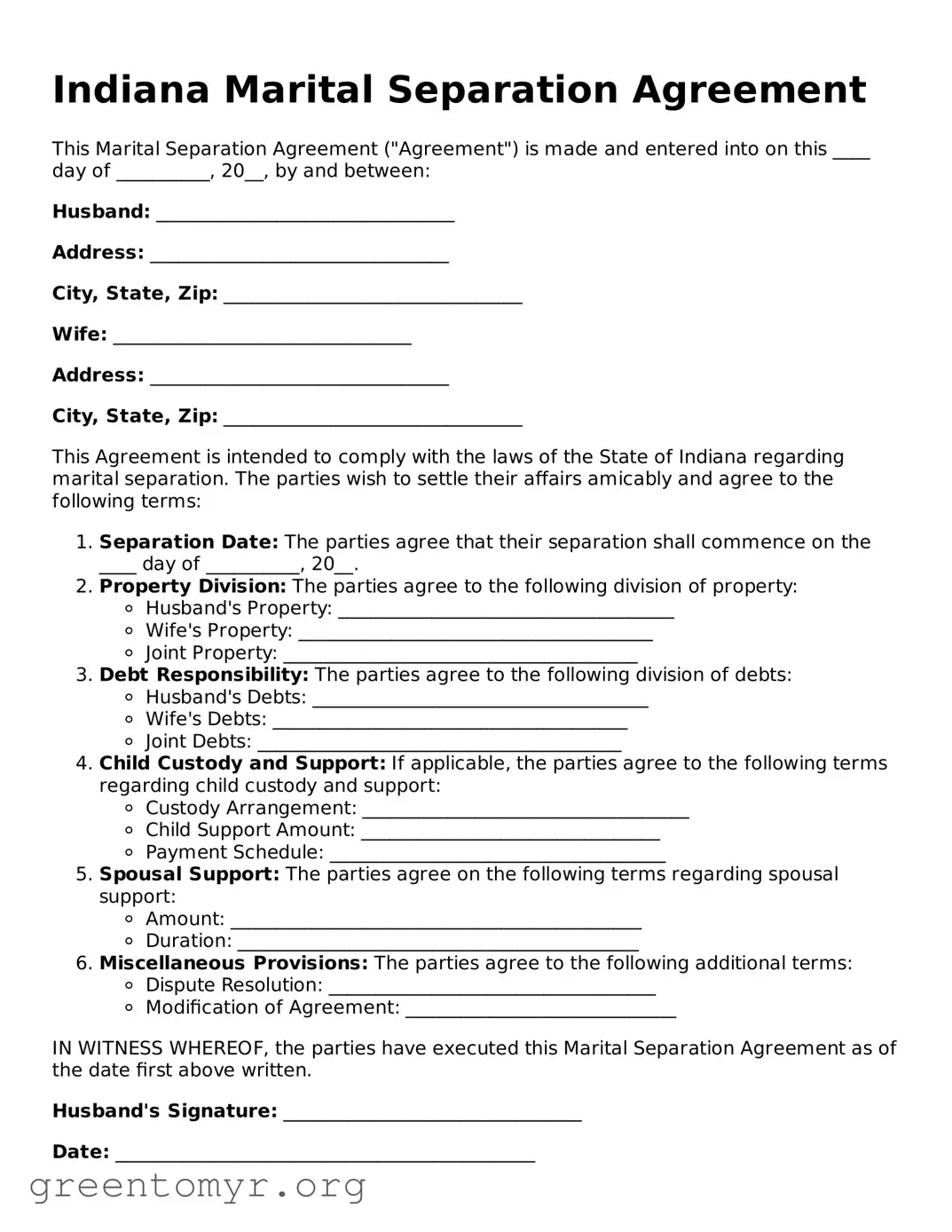 Marital Separation Agreement Form for the State of Indiana