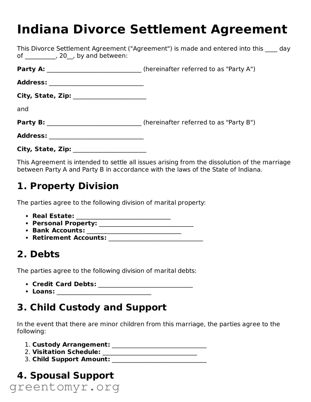 Divorce Settlement Agreement Form for the State of Indiana
