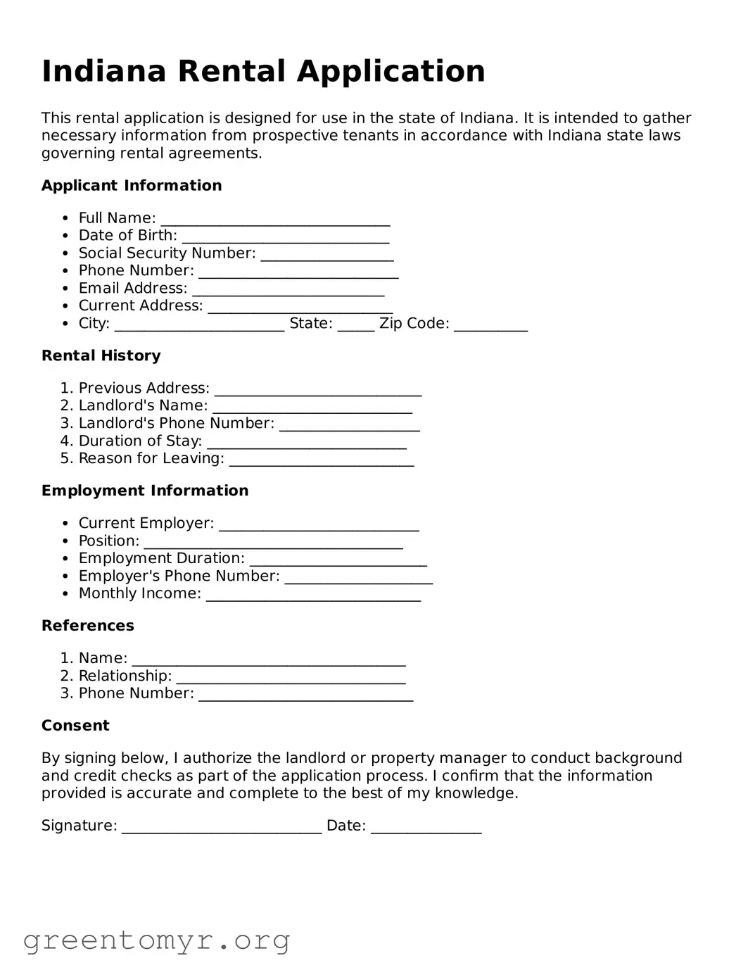 Rental Application Form for the State of Indiana