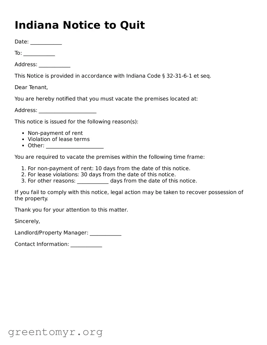 Notice to Quit Form for the State of Indiana