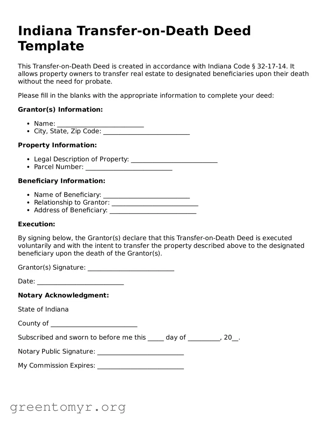 Transfer-on-Death Deed Form for the State of Indiana