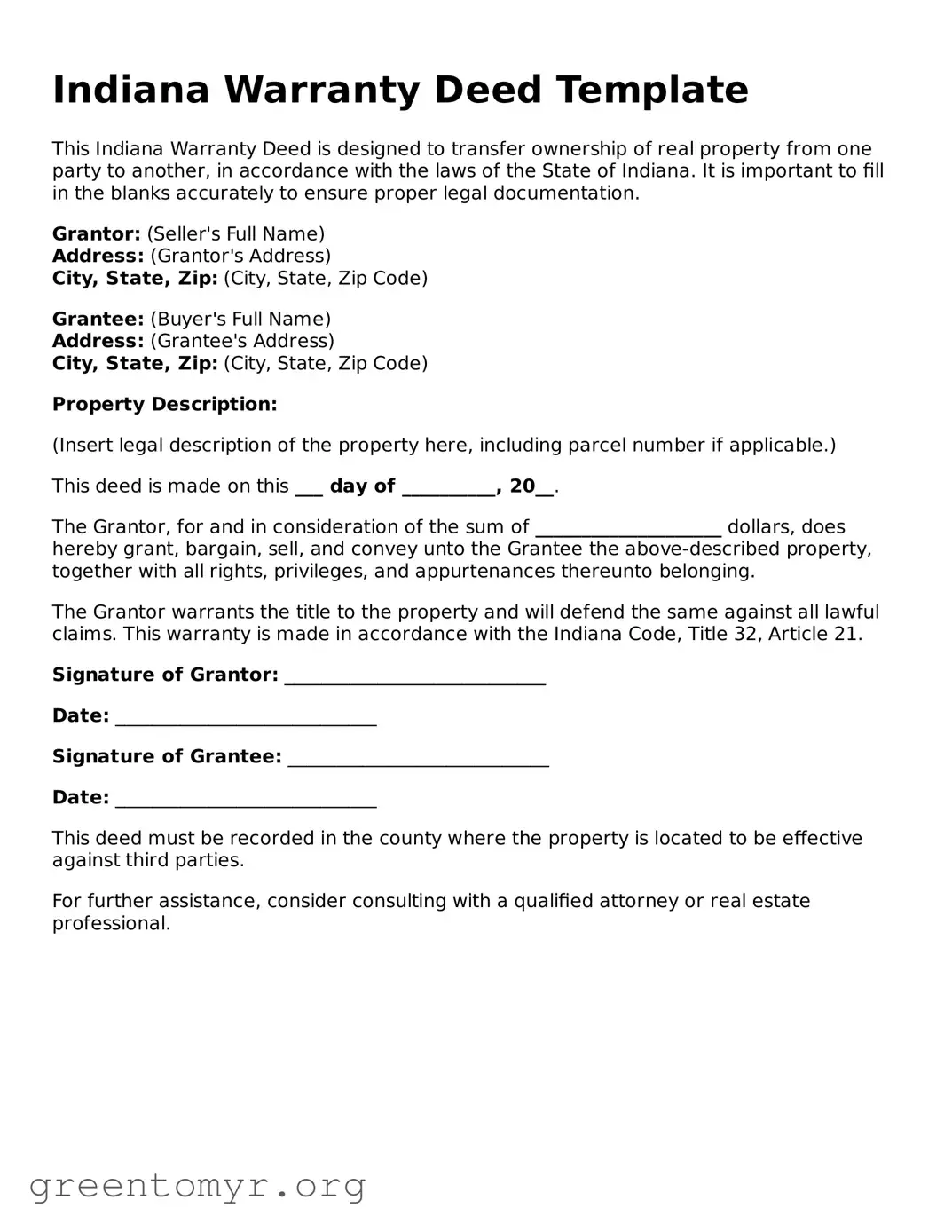 Deed Form for the State of Indiana