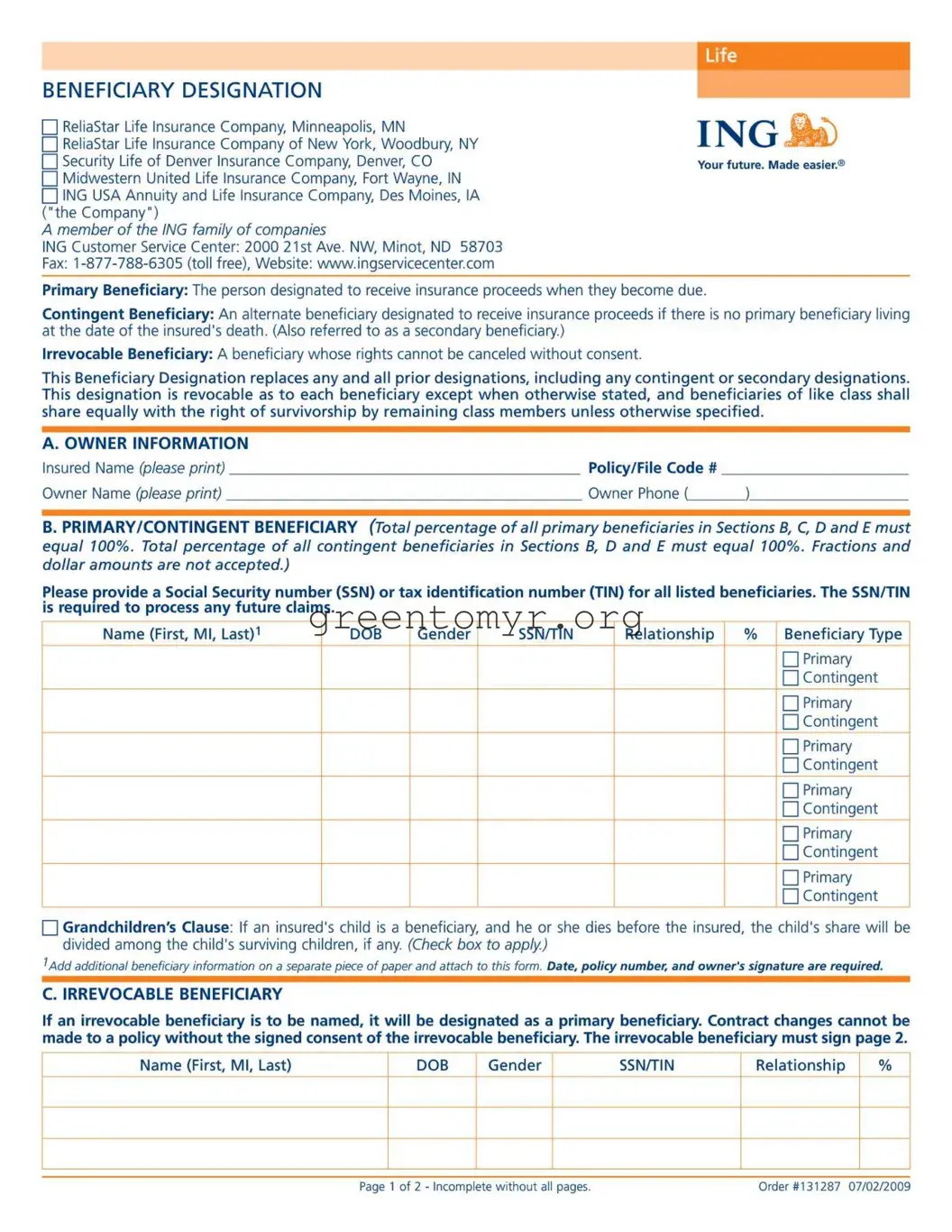 Fill in a Valid Ing Beneficiary Template