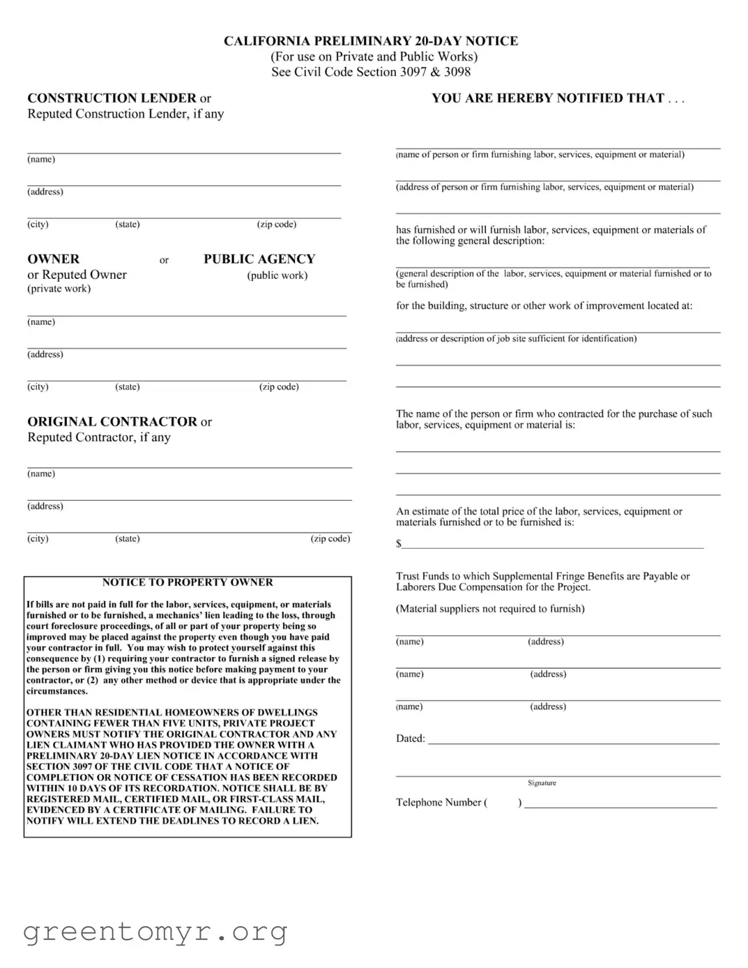 Fill in a Valid California Preliminary 20 Day Notice Template