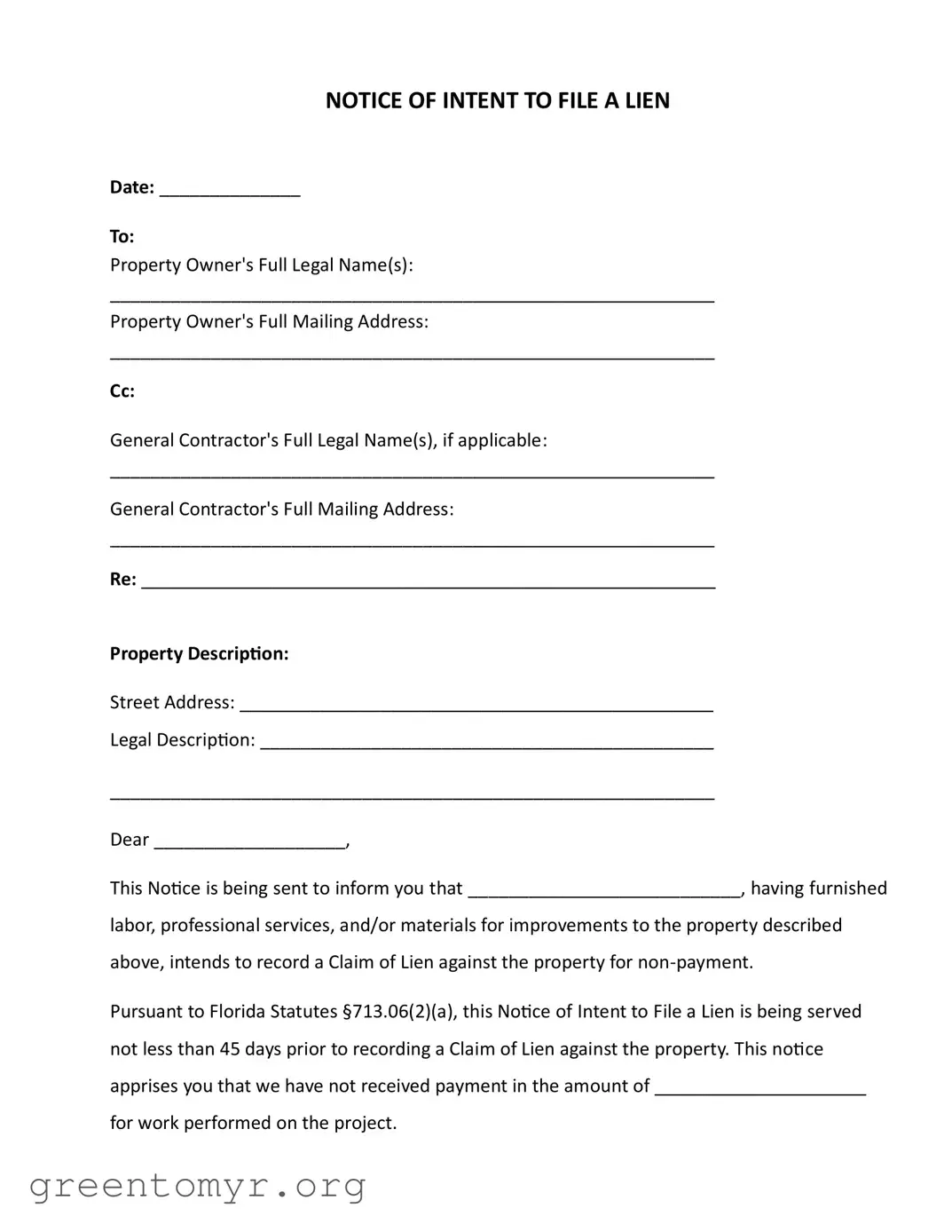 Fill in a Valid Intent To Lien Florida Template