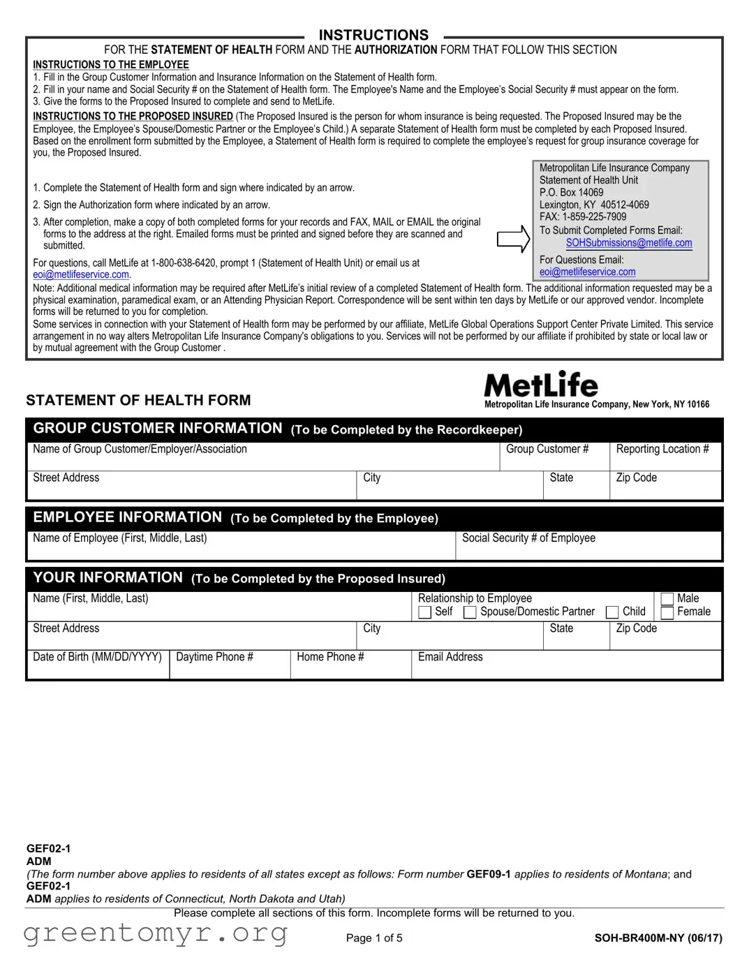 Fill in a Valid Met Life Evidence Of Insurability Template