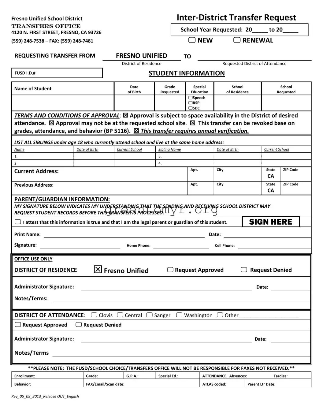 Fill in a Valid Inter District Transfer Request Template