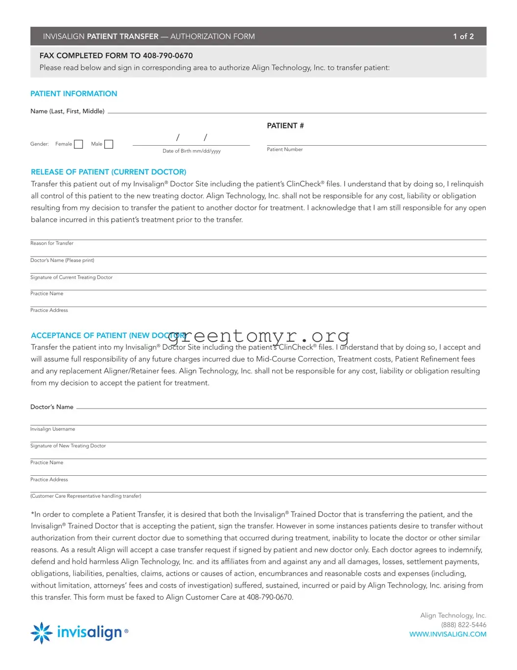Fill in a Valid Invisalign Patient Transfer Template