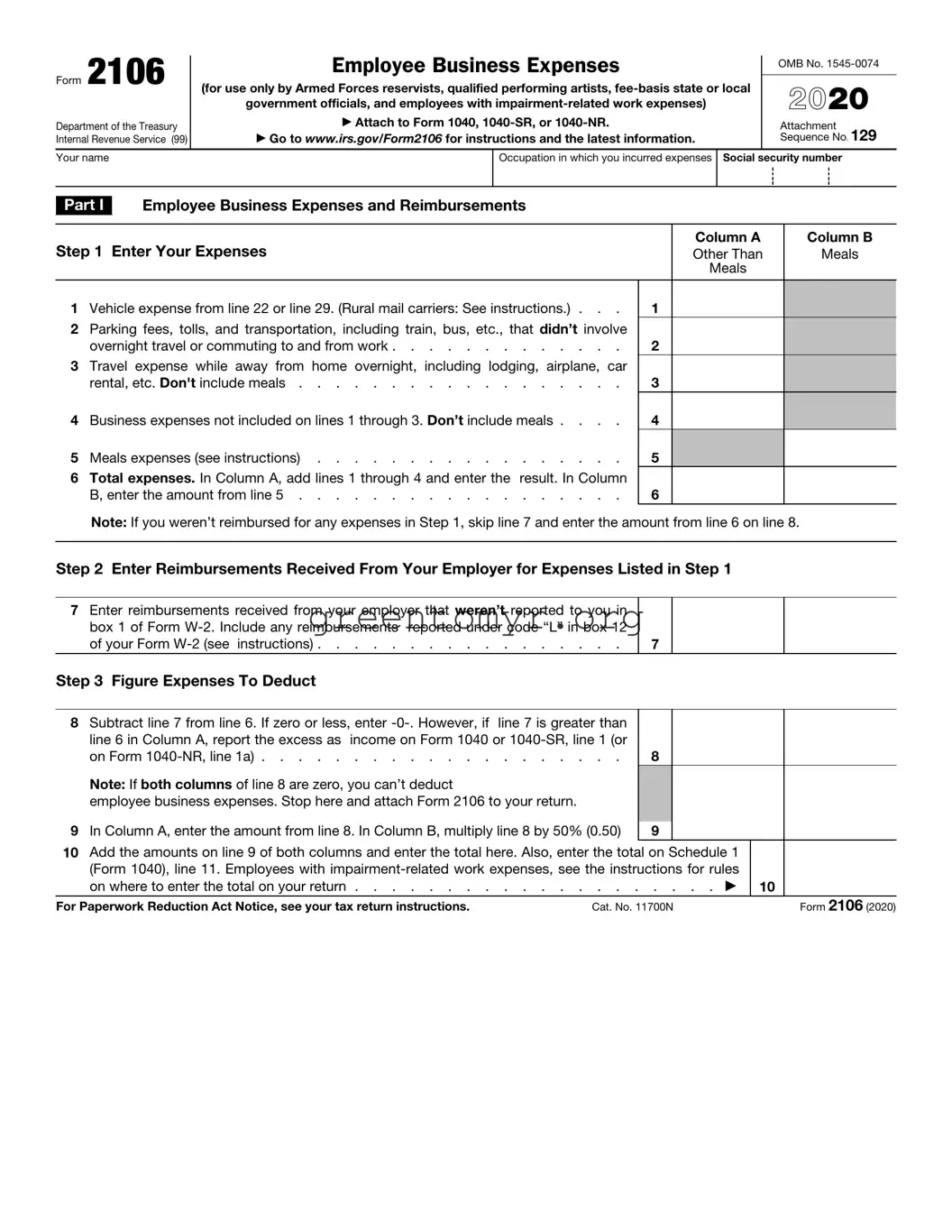 Fill in a Valid IRS 2106 Template