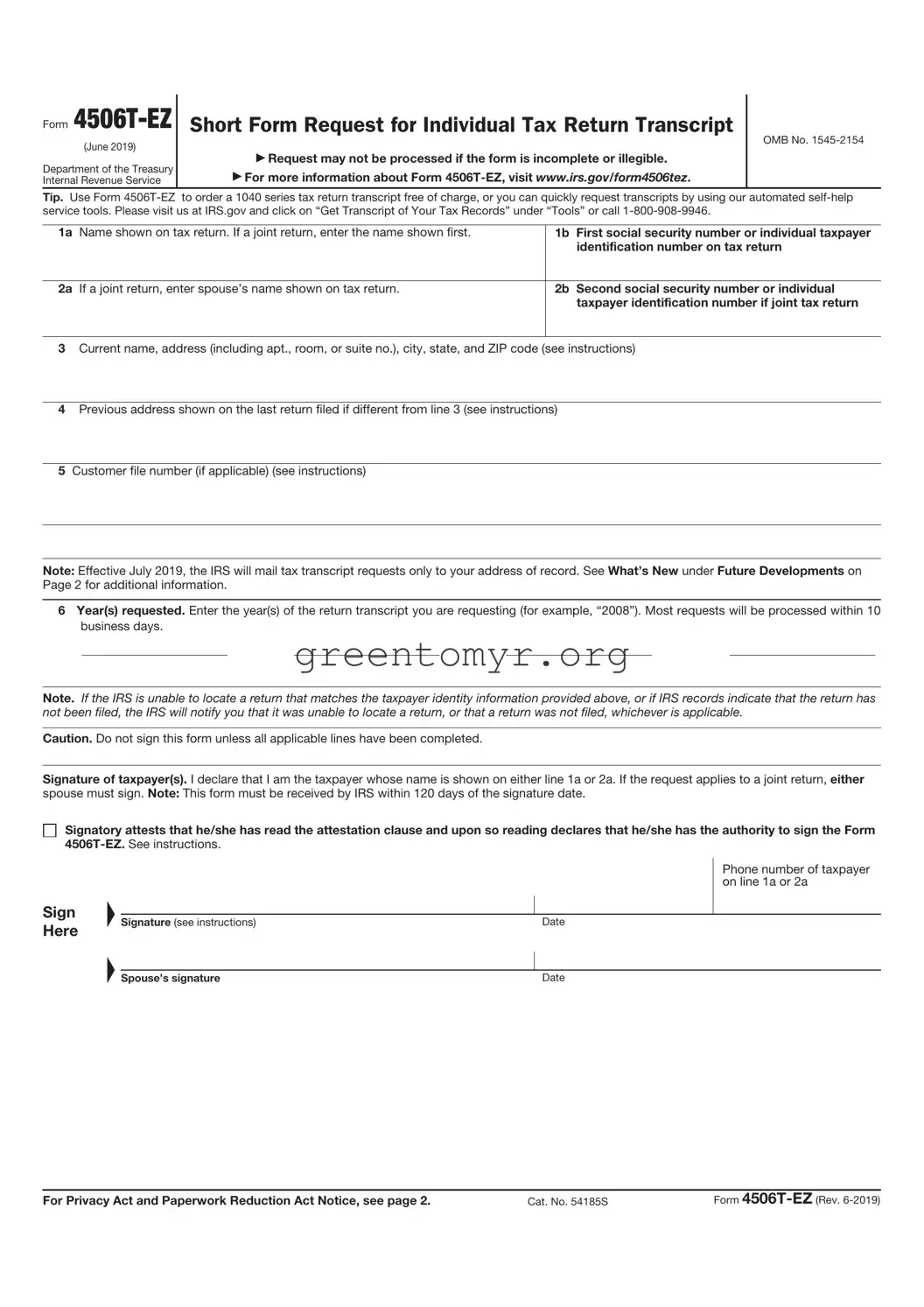 Fill in a Valid IRS 4506T-EZ Template