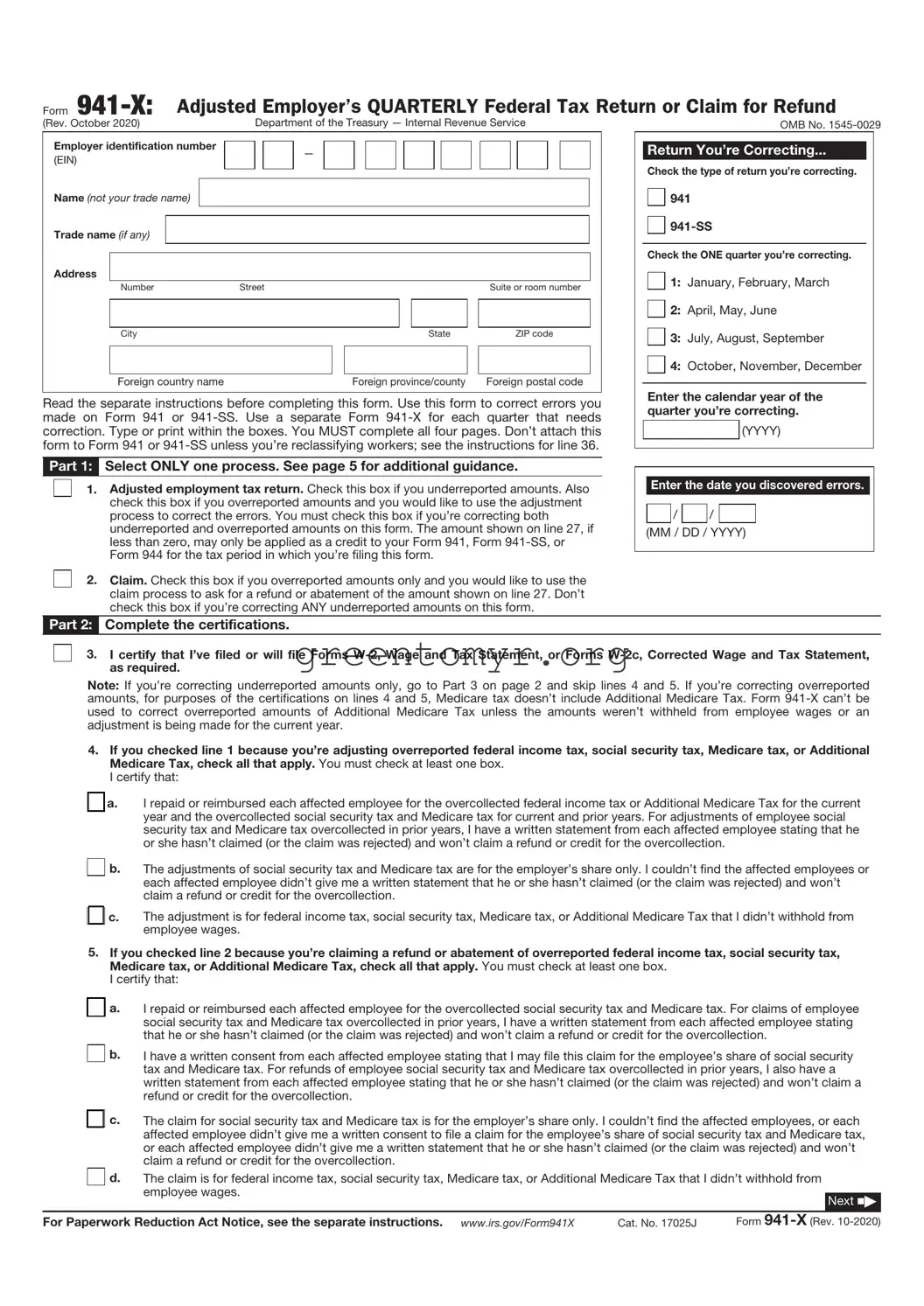 Fill in a Valid IRS 941-X Template