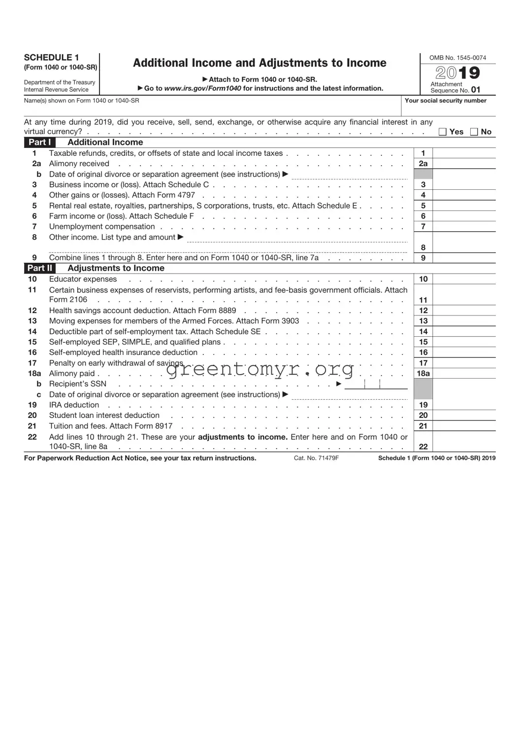 Fill in a Valid IRS Schedule 1 1040 or 1040-SR Template