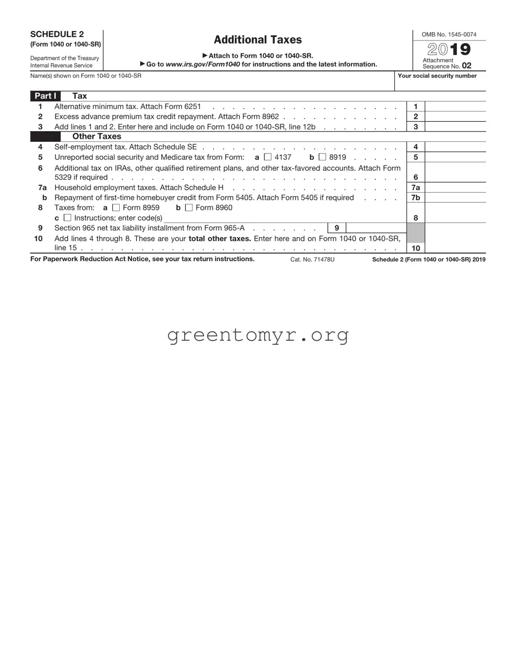 Fill in a Valid IRS Schedule 2 1040 or 1040-SR Template