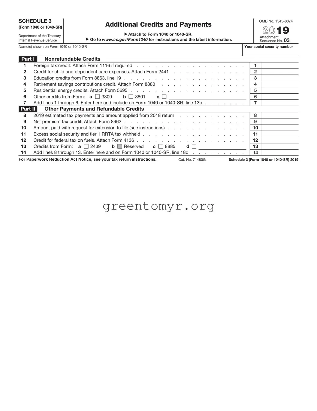 Fill in a Valid IRS Schedule 3 1040 or 1040-SR Template