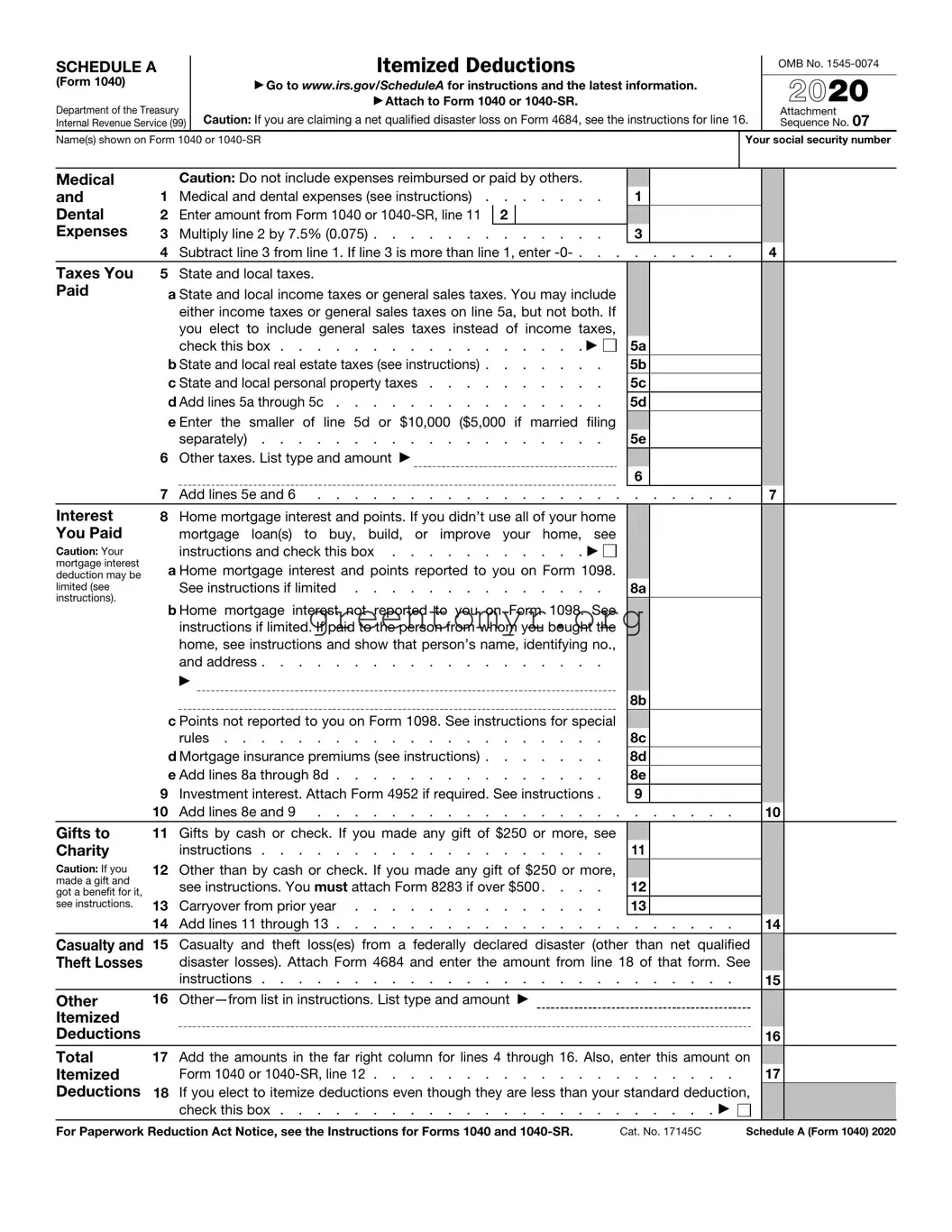 Fill in a Valid IRS Schedule A 1040 or 1040-SR Template