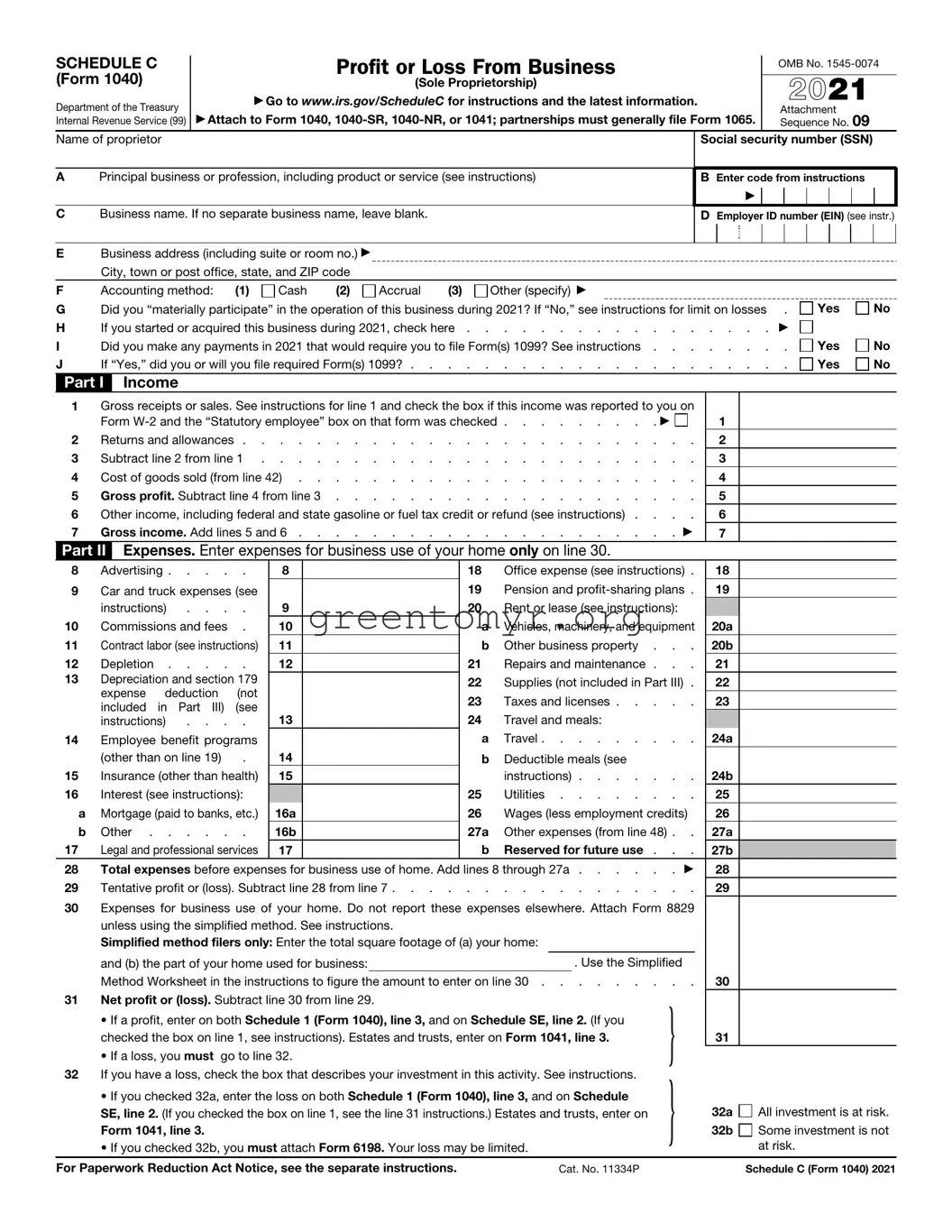 Fill in a Valid IRS Schedule C 1040 Template