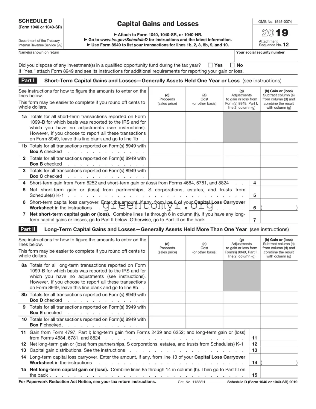 Fill in a Valid IRS Schedule D 1040 or 1040-SR Template
