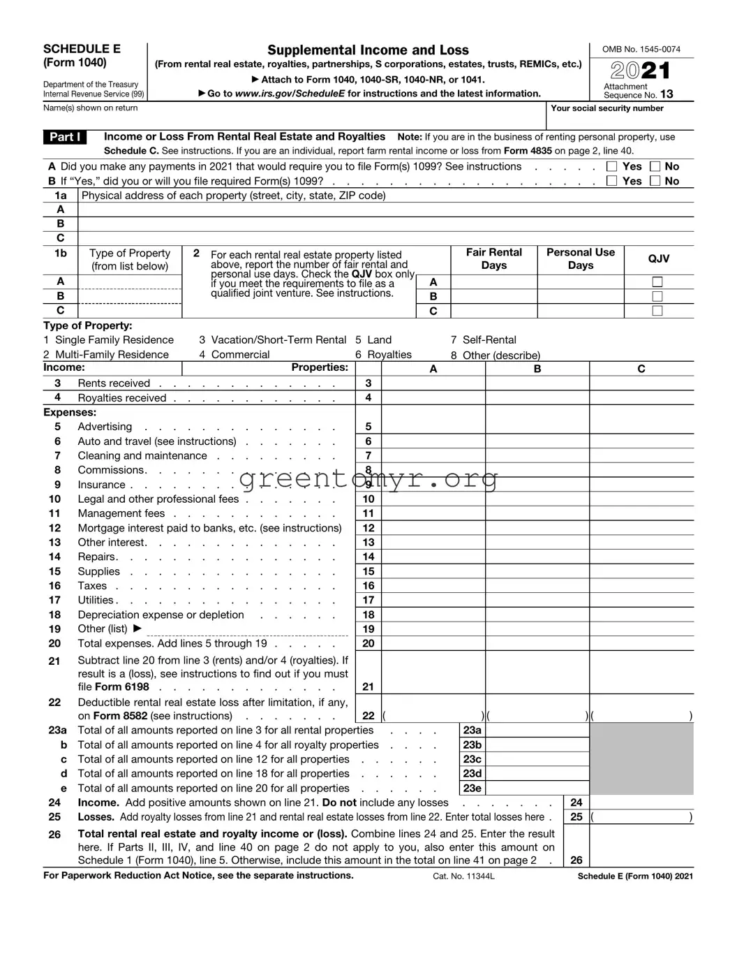 Fill in a Valid IRS Schedule E 1040 Template