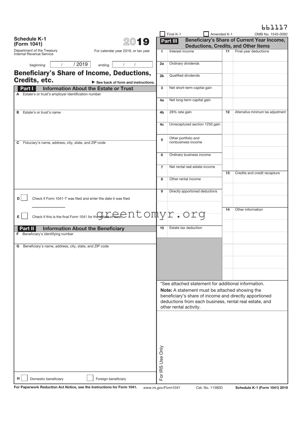 Fill in a Valid IRS Schedule K-1 1041 Template