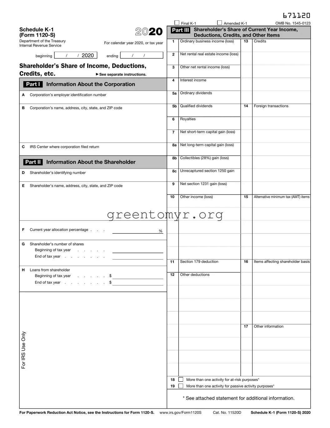 Fill in a Valid IRS Schedule K-1 1120-S Template