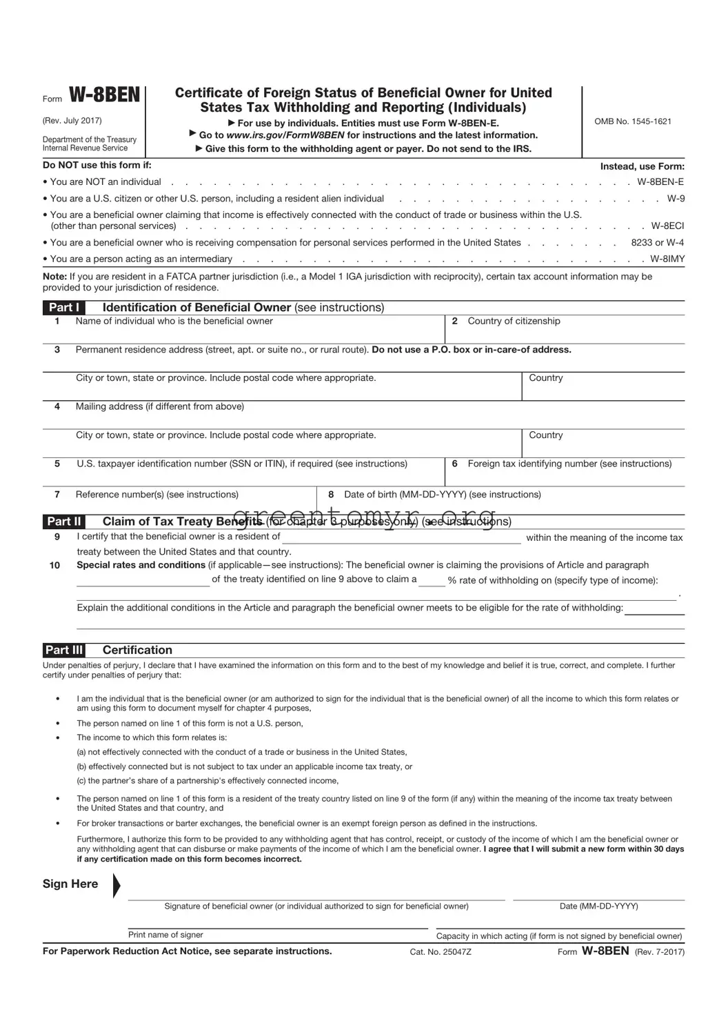 Fill in a Valid IRS W-8BEN Template