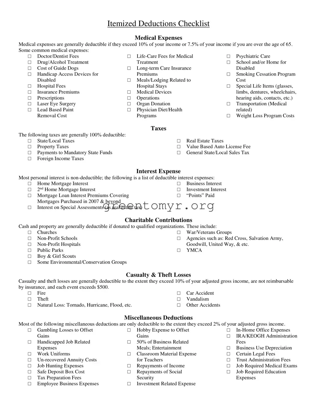 Fill in a Valid Itemized Deductions Checklist Template