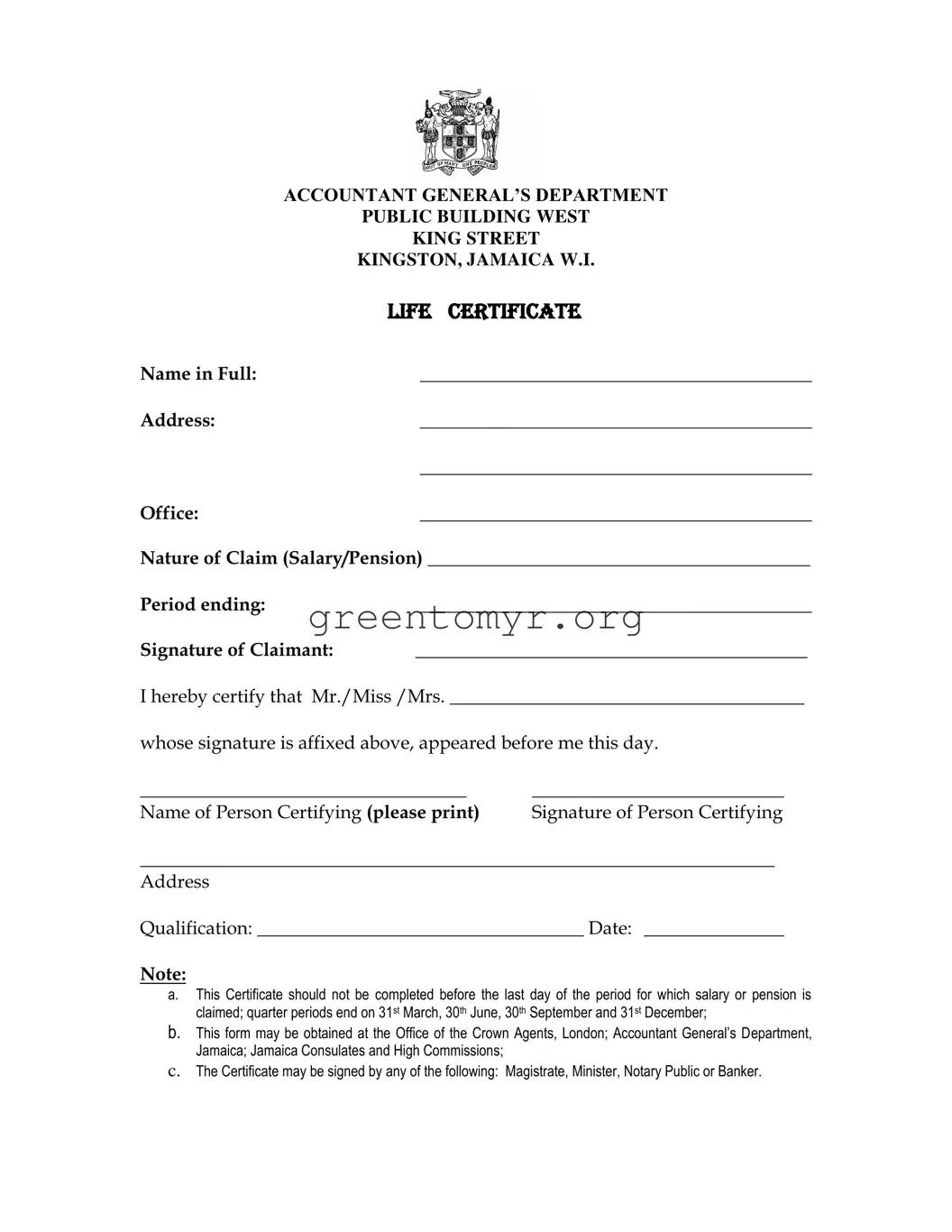 Fill in a Valid Jamaica Life Certificate Template