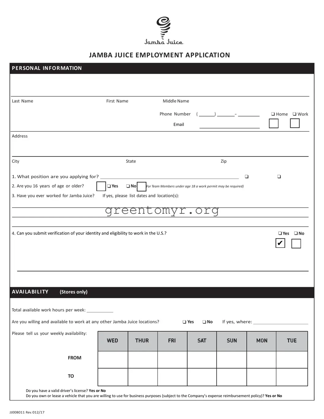 Fill in a Valid Jamba Juice Job Application Template