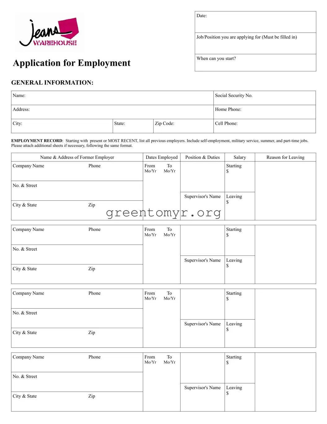 Fill in a Valid Jeans Warehouse Application Pdf Template