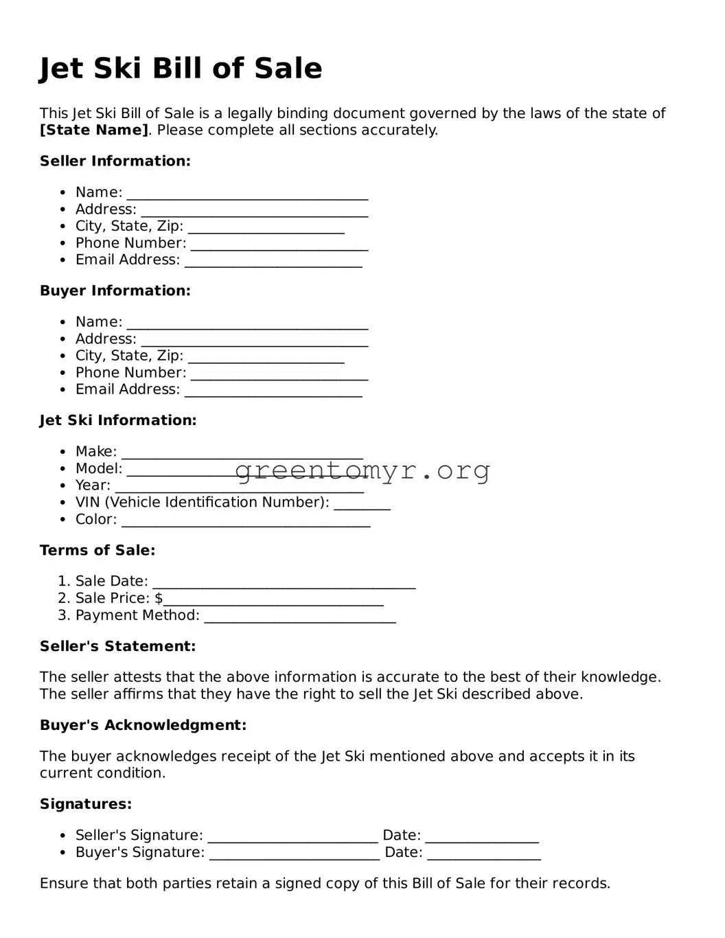 Valid Jet Ski Bill of Sale Form