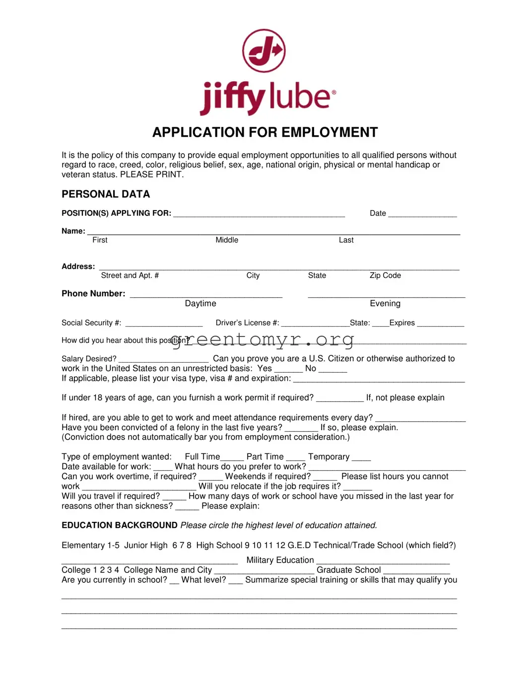 Fill in a Valid Jiffy Lube Job Application Template