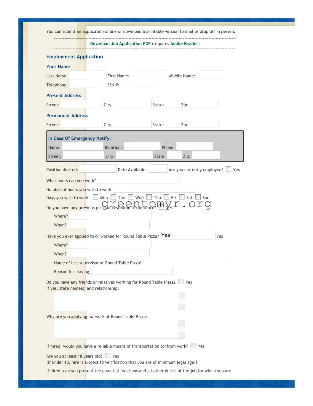 Fill in a Valid Job Application Round Table Pizza Template