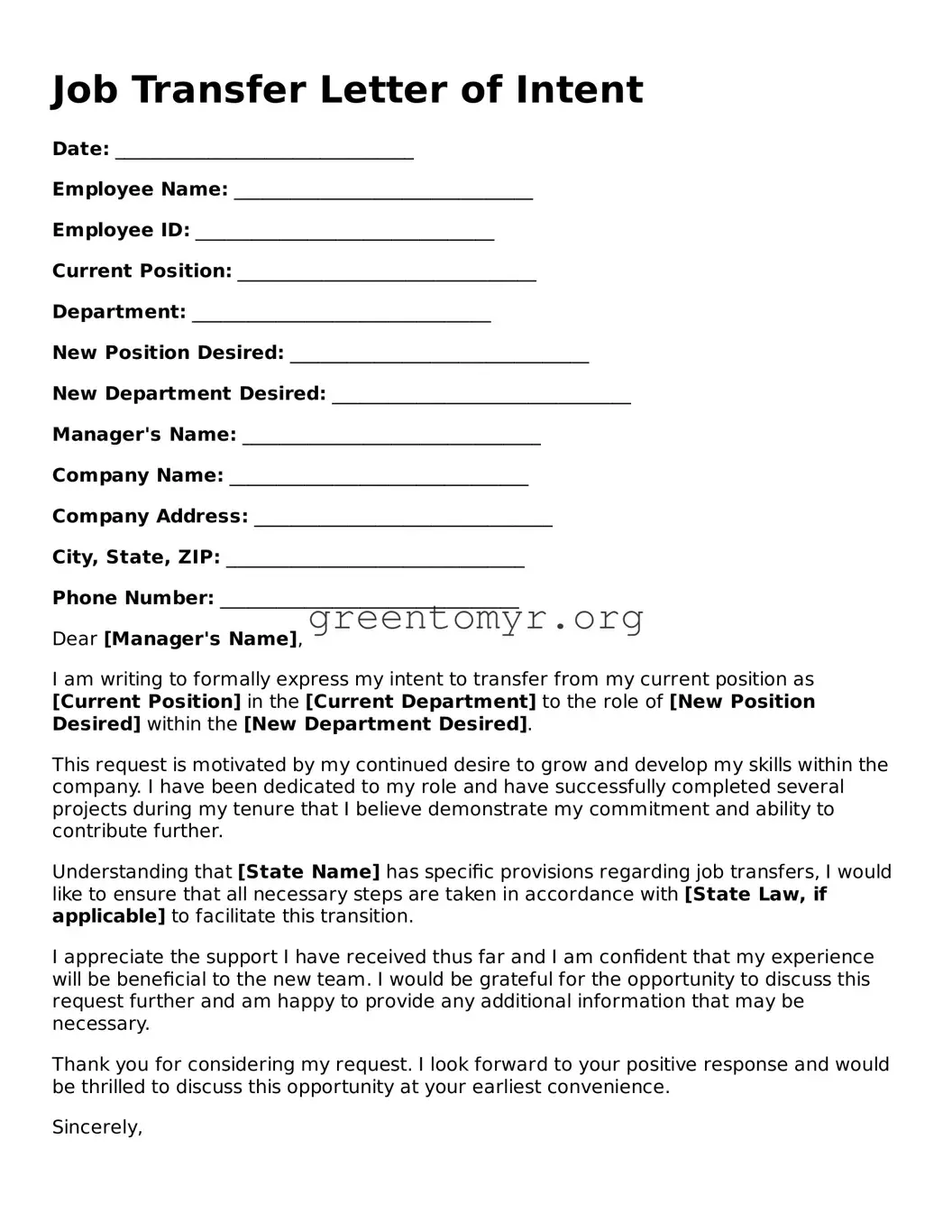 Valid Job Transfer Letter of Intent Form