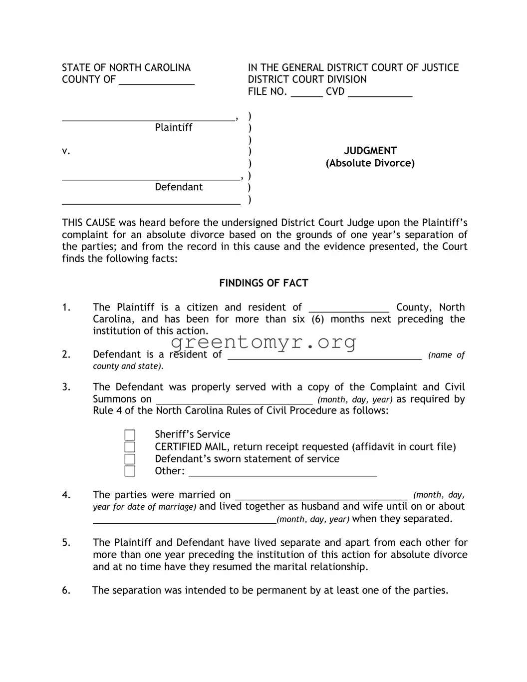 Fill in a Valid Judgement Absolute Divorce Nc Template