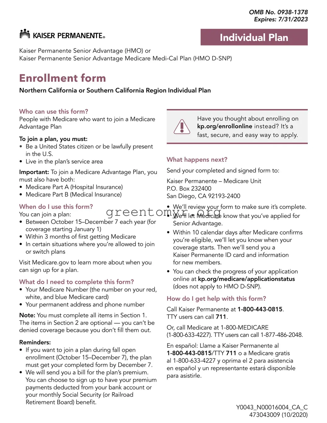Fill in a Valid Kaiser Senior Enrollment Template