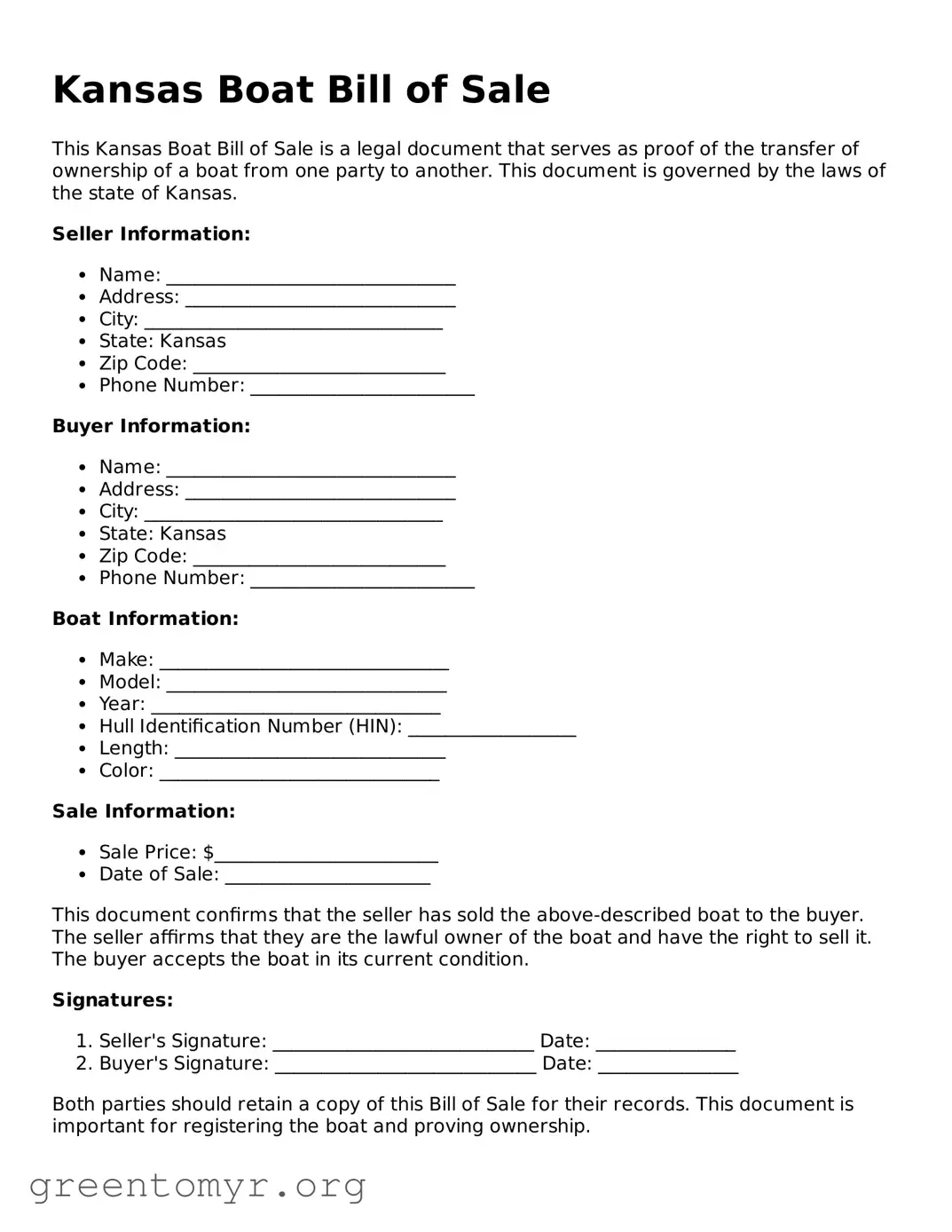 Boat Bill of Sale Form for the State of Kansas