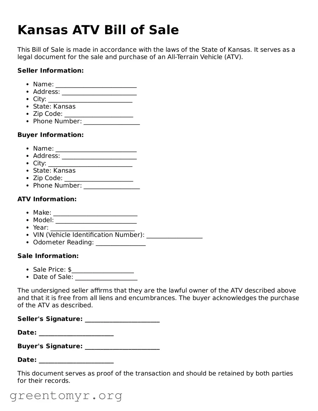 ATV Bill of Sale Form for the State of Kansas