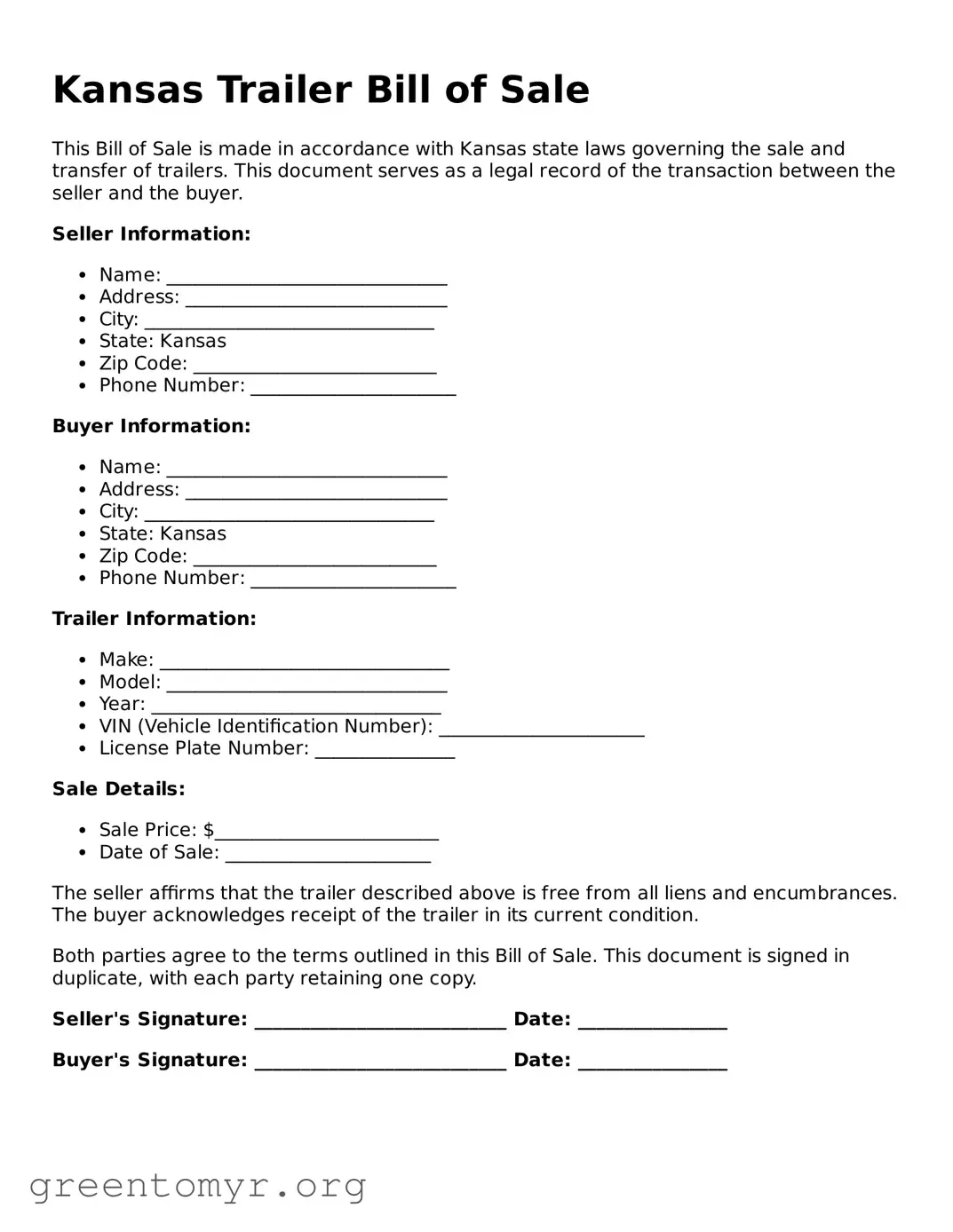 Trailer Bill of Sale Form for the State of Kansas