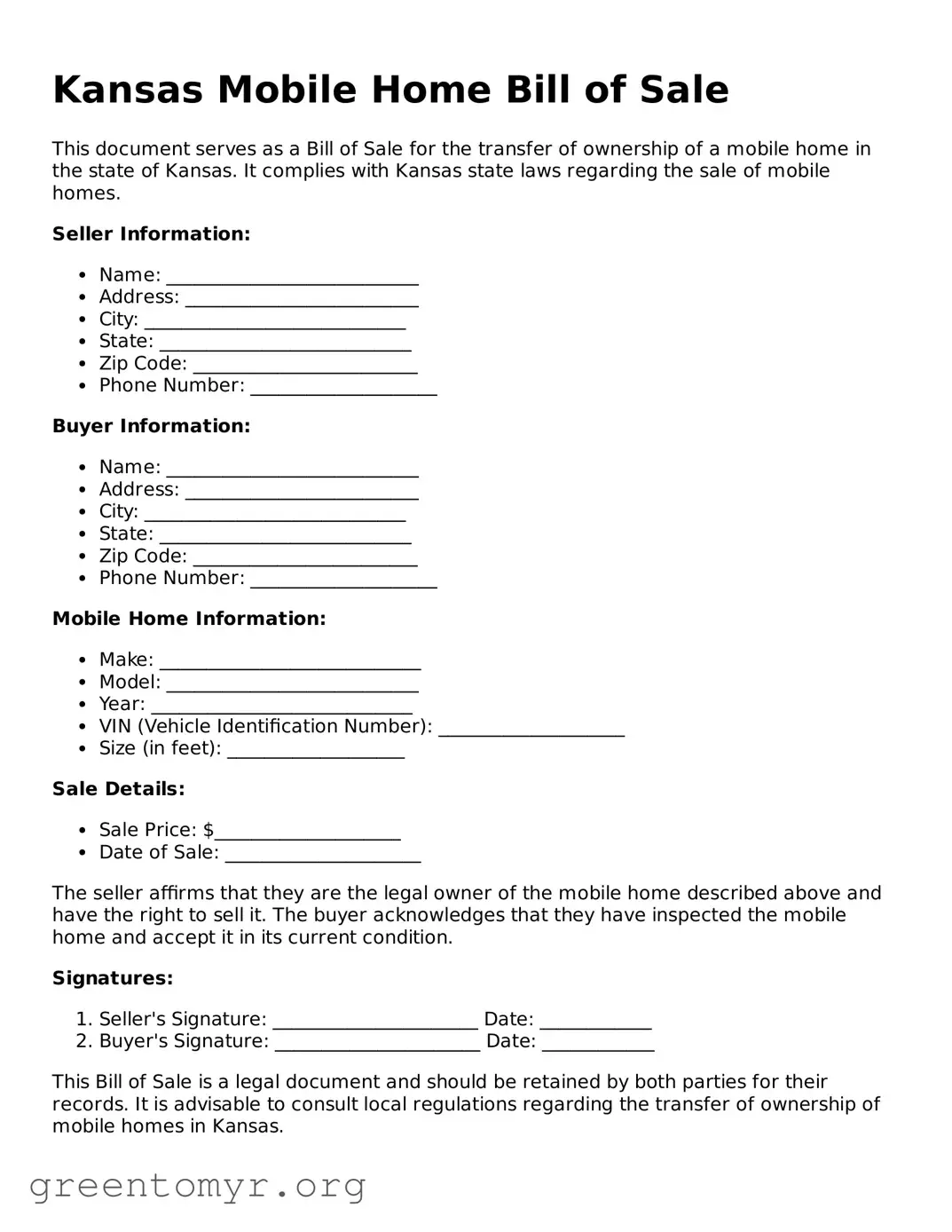 Mobile Home Bill of Sale Form for the State of Kansas