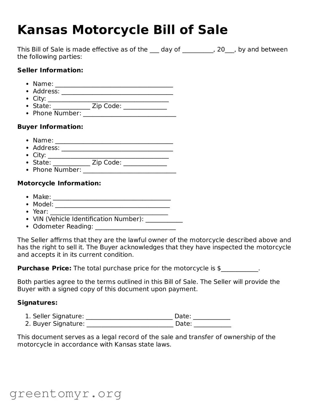 Motorcycle Bill of Sale Form for the State of Kansas