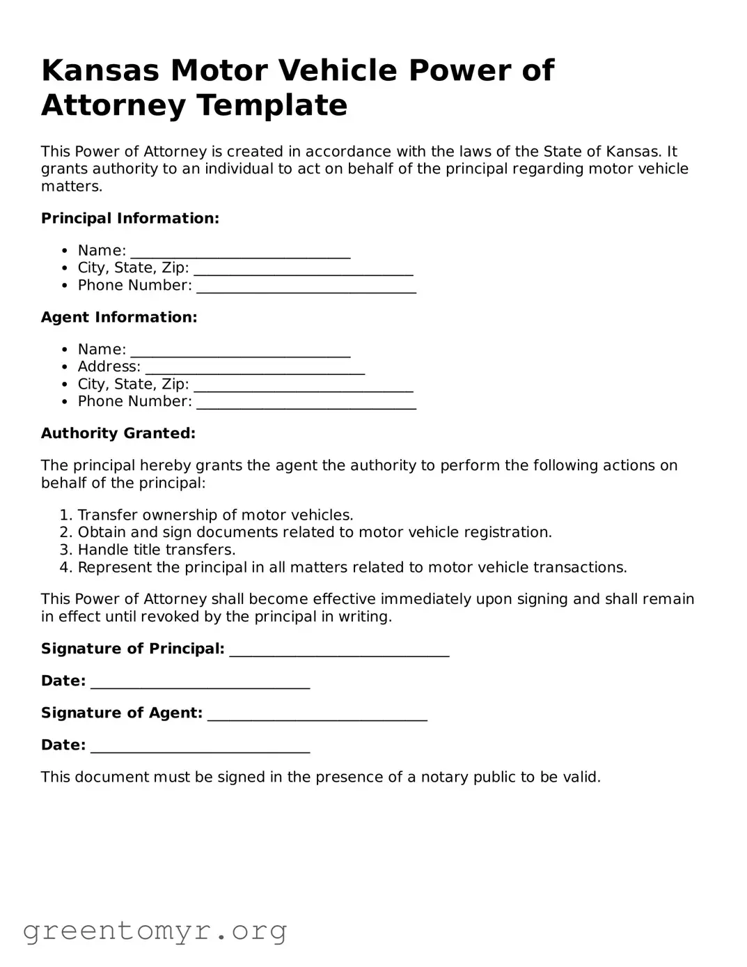 Motor Vehicle Power of Attorney Form for the State of Kansas