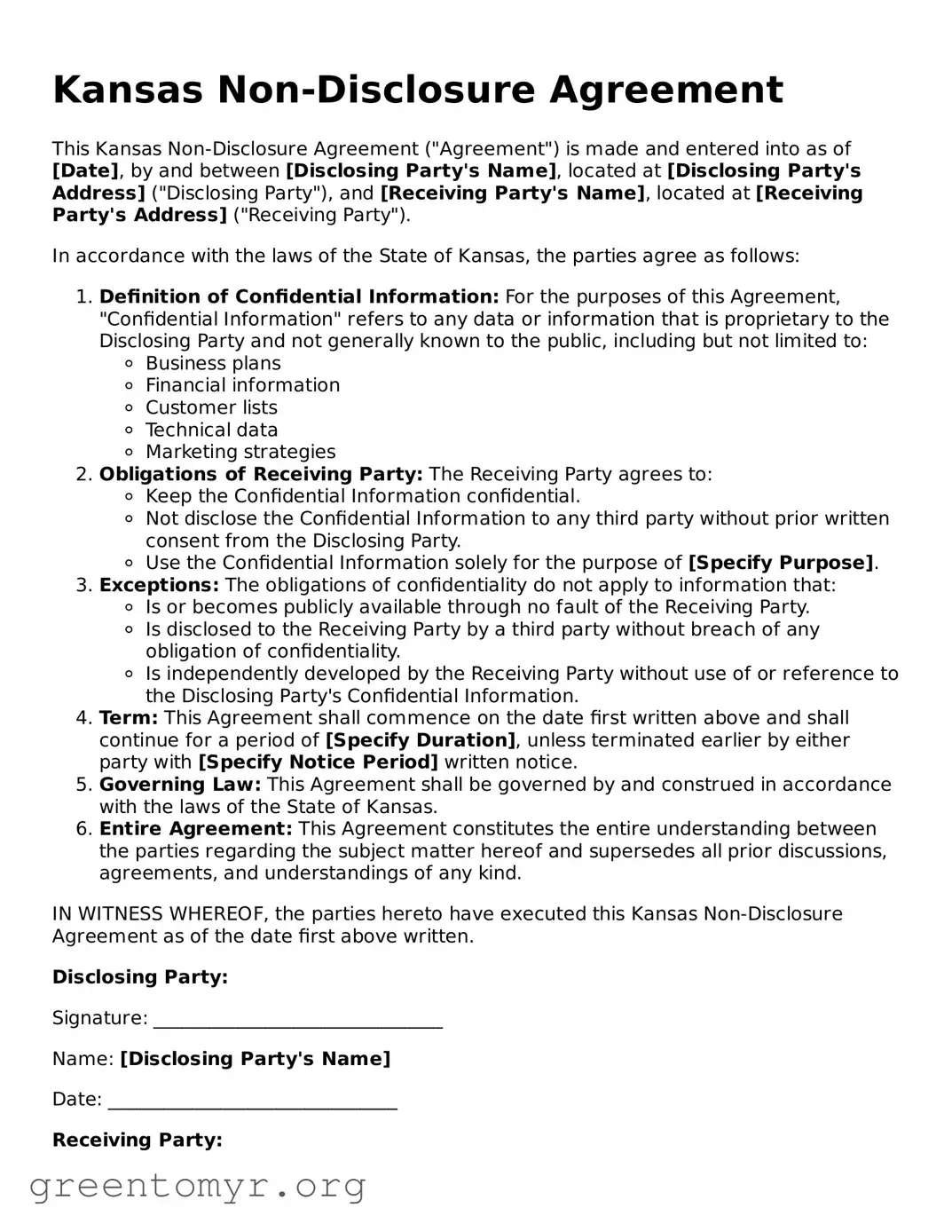 Non-disclosure Agreement Form for the State of Kansas