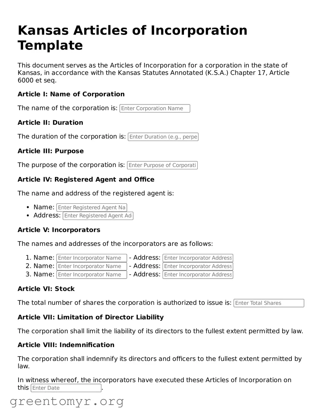 Articles of Incorporation Form for the State of Kansas