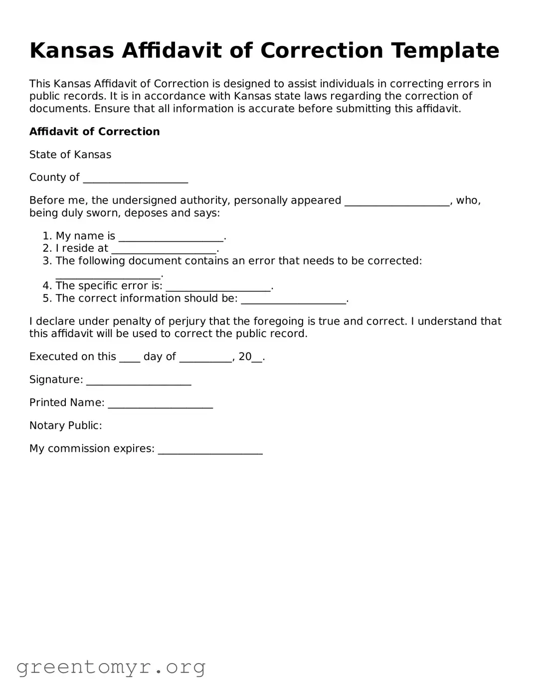 Affidavit of Correction Form for the State of Kansas