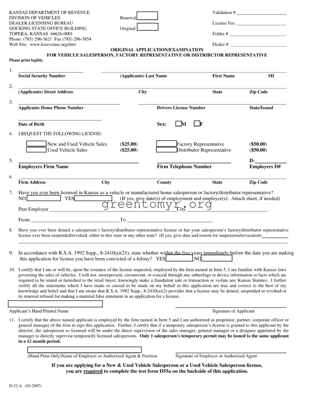 Fill in a Valid Kansas D 22A Template