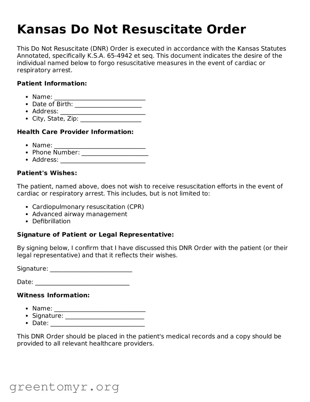 Do Not Resuscitate Order Form for the State of Kansas