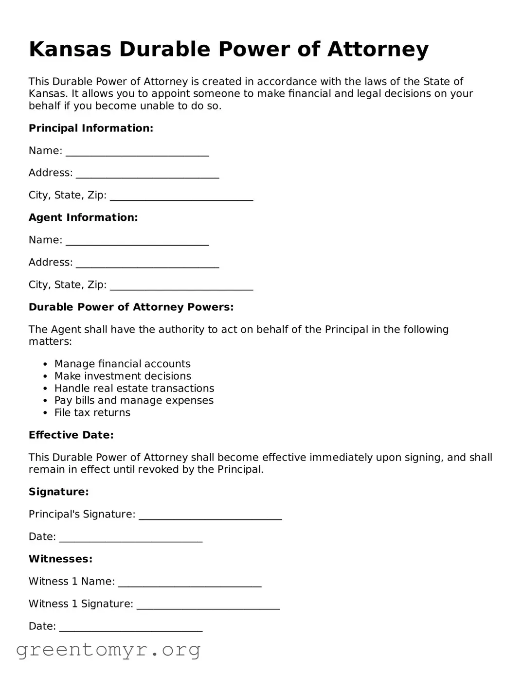 Durable Power of Attorney Form for the State of Kansas